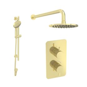 Saneux COS 2 way shower kit - w/ 3 Function Handset and Slider Rail and Shower Head - Knurled - Brushed Brass