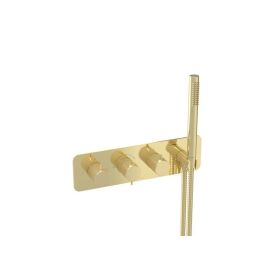 Saneux EDEN 3 way thermostatic shower valve kit in landscape with handspray - Brushed Brass