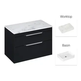 Britton Shoreditch 850mm Wall Hung Double Drawer Unit Matt Grey, Carrara White Worktop and Quad Countertop Basin