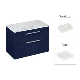 Britton Shoreditch 850mm Wall Hung Double Drawer Unit Matt Blue, Carrara White Worktop and Quad Countertop Basin