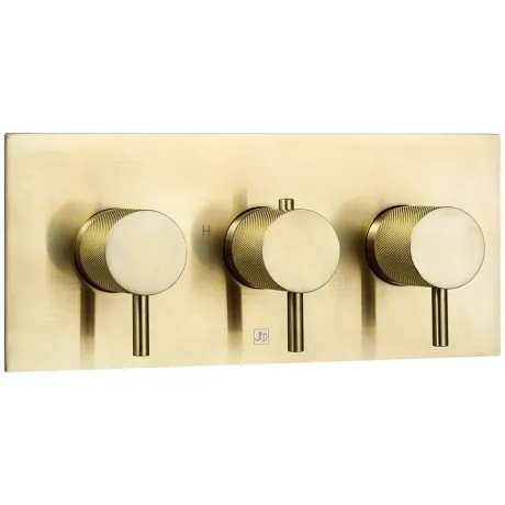 Just Taps Vos Horizontal Thermostatic 3-Outlets Concealed Shower Valve-Triple Designer Handle-Brushed Brass