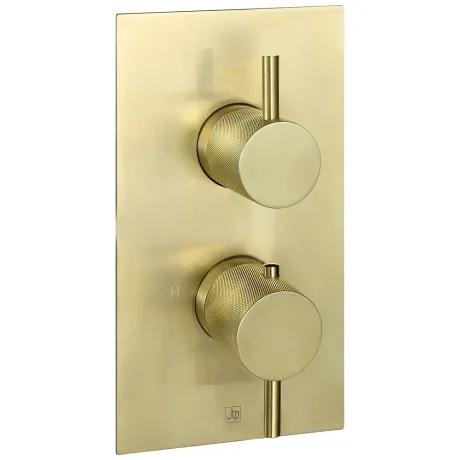 Just Taps Vos Vertical Thermostatic 2-Outlets Concealed Shower Valve-Double Designer Handle-Brushed Brass