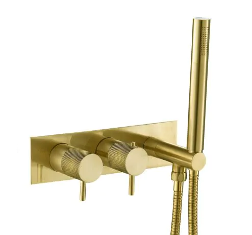 Just Taps VOS Thermostatic Concealed 2 Outlet Shower Valve With Attached Handset-Brushed Brass
